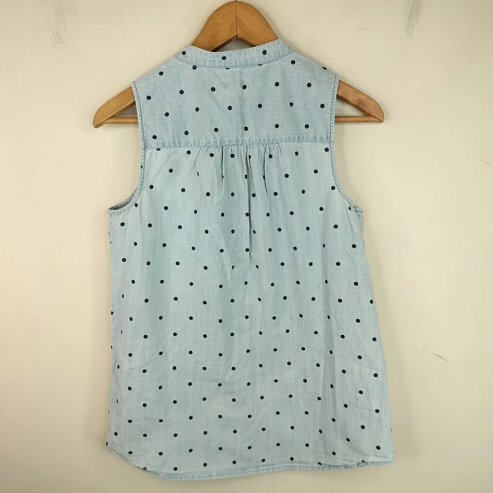 J.Crew Sleeveless Button Up Shirt 2 Womens Polka Dot Chambray Denim Blue